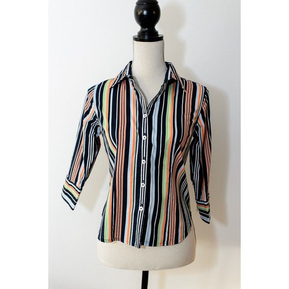 Talbots Shirt Petites Stretch P Striped button up collar 3/4 sleeves Office